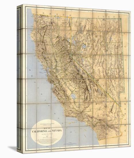 Map of California and Nevada, c.1874-null-Stretched Canvas