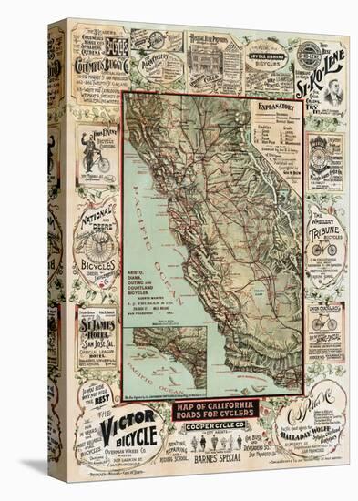 Map of California Roads for Cyclers, 1896-George W^ Blum-Stretched Canvas