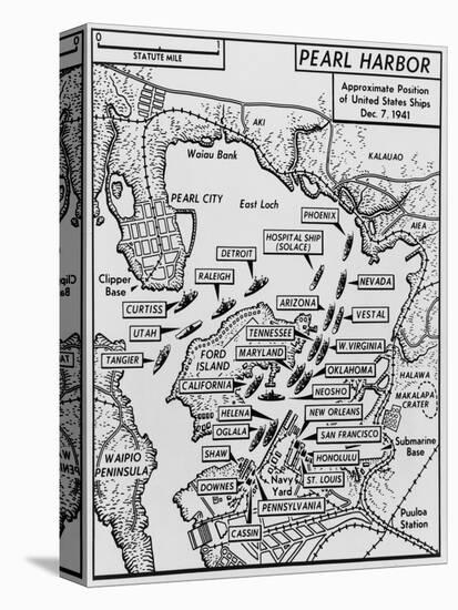 Map of Pearl Harbor with Location of Ships Just Prior to the Japanese Attack on Dec. 7, 1941-null-Stretched Canvas
