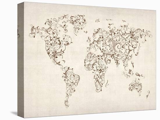 Map of the World Map Floral Swirls-Michael Tompsett-Stretched Canvas