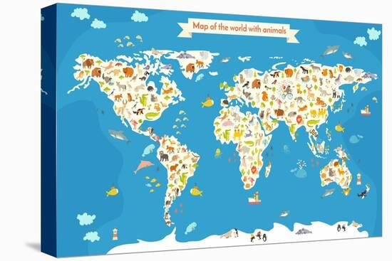 Map of the World with Animals. Beautiful Colorful Vector Illustration-coffeee_in-Stretched Canvas