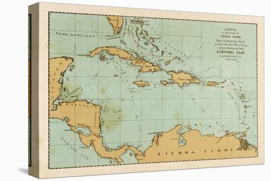 Map Showing the Travels of Columbus in the Caribbean-null-Stretched Canvas