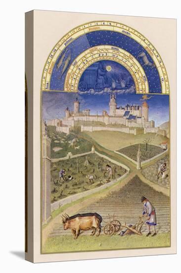 March Plowing and Tending Vines Near the Chateau De Lusignan-Pol De Limbourg-Stretched Canvas