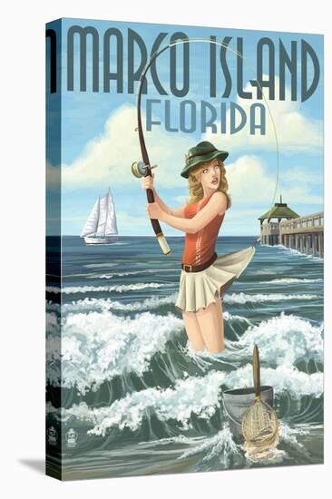 Marco Island, Florida - Pinup Girl Surf Fishing-Lantern Press-Stretched Canvas