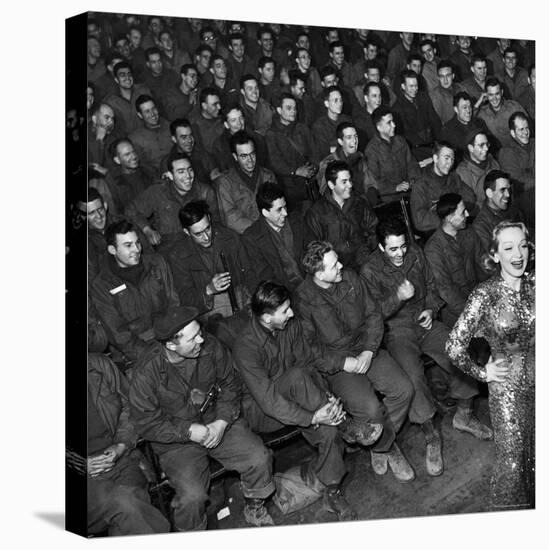 Marlene Dietrich with Back Turned on Audience of Servicemen during Her Mental Telepathy Act-George Silk-Premier Image Canvas