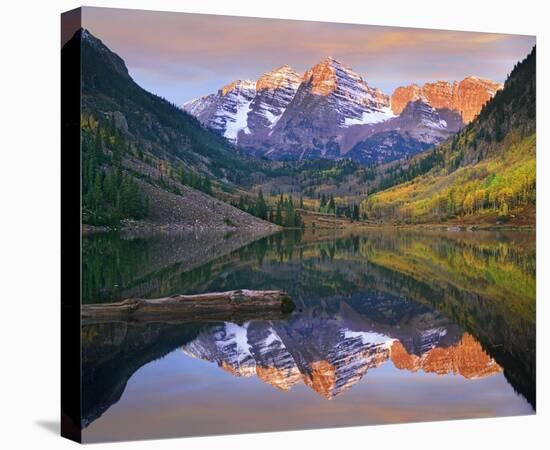 Maroon Bells peaks reflected in Maroon Lake, Snowmass Wilderness, Colorado-Tim Fitzharris-Stretched Canvas