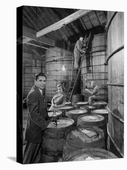 Marvin Sands and His Wife Operating their Own Laboratory for Wine Making-null-Premier Image Canvas