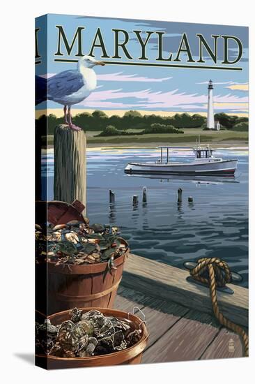 Maryland - Blue Crab and Oysters on Dock-Lantern Press-Stretched Canvas