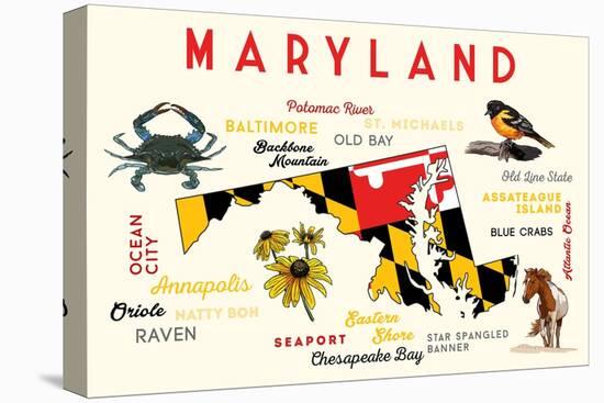 Maryland - Typography and Icons with Black Eyed Susans-Lantern Press-Stretched Canvas