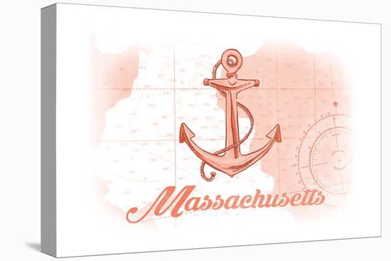 Massachusetts - Anchor - Coral - Coastal Icon-Lantern Press-Stretched Canvas