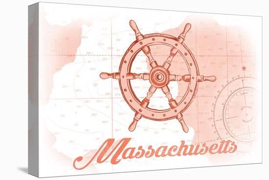 Massachusetts - Ship Wheel - Coral - Coastal Icon-Lantern Press-Stretched Canvas