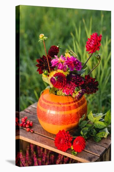 meadow, wooden box, autumnal decoration, pumpkin, heather,-mauritius images-Stretched Canvas