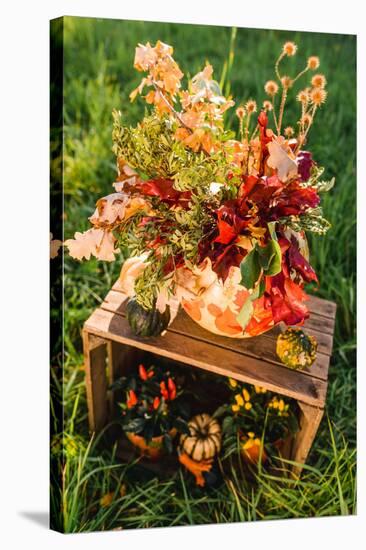 meadow, wooden box, autumnal decoration, pumpkins,-mauritius images-Stretched Canvas