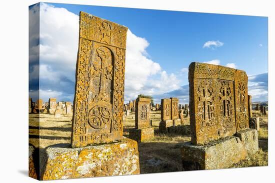 Medieval Khachkars carved memorial stele, Noratus cemetery, Sevan Lake, Gegharkunik province, Armen-G&M Therin-Weise-Premier Image Canvas