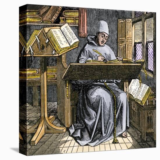 Medieval Scribe Writing at a Desk, Surrounded by Open Manuscripts-null-Premier Image Canvas