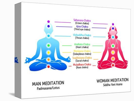 Meditation Position for Man and Woman with Chakras Diagram-sahuad-Stretched Canvas