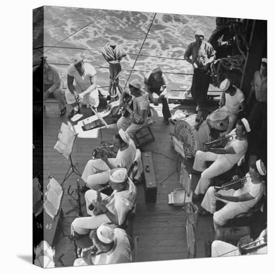 Members of Ship's Band Aboard US Navy Cruiser Playing on Deck, Daily Musical Practice During WWII-Ralph Morse-Premier Image Canvas