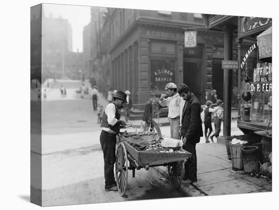 Men Eating Fresh Clams from a Pushcart Peddler in NYC's Italian Quarter-null-Stretched Canvas