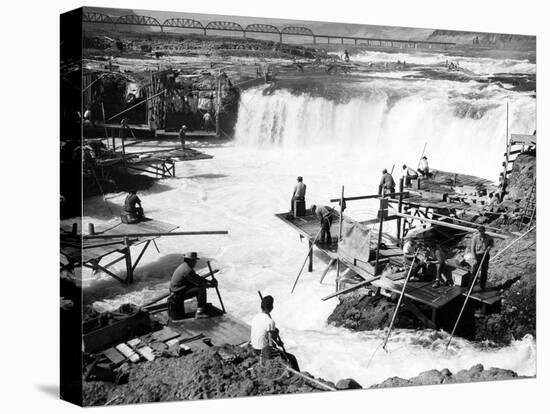 Men fishing at Celilo Falls Photograph - Columbia River, OR-Lantern Press-Stretched Canvas