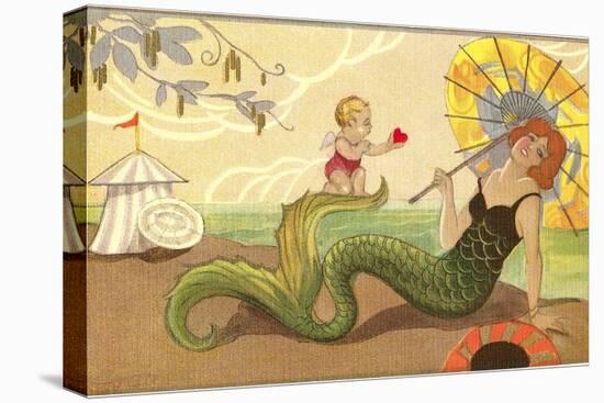 Mermaid with Cupid-null-Stretched Canvas