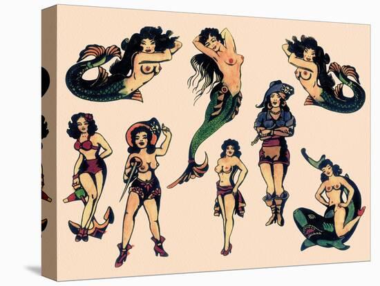 Mermaids & Pirates Vintage Mid-Century Tattoo Flash-null-Stretched Canvas