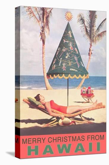 Merry Christmas from Hawaii, Conical Umbrella on Beach-null-Stretched Canvas