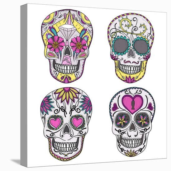 Mexican Skull Set. Colorful Skulls With Flower And Heart Ornamens. Sugar Skulls-cherry blossom girl-Stretched Canvas
