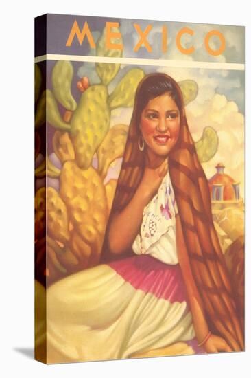 Mexico: Young Girl and Cactus , Poster Style-null-Stretched Canvas