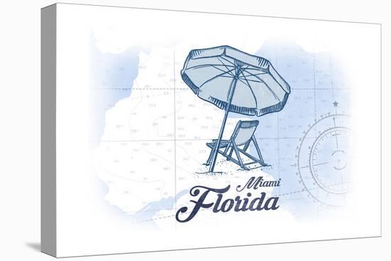 Miami, Florida - Beach Chair and Umbrella - Blue - Coastal Icon-Lantern Press-Stretched Canvas