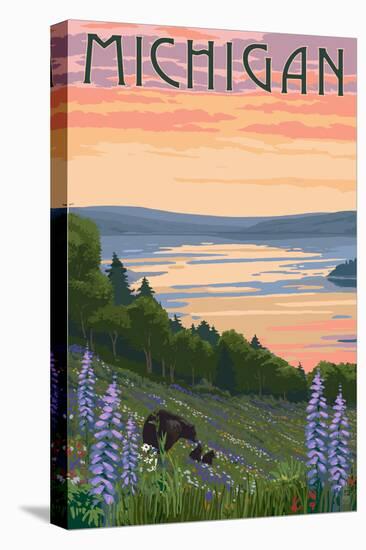 Michigan - Lake and Bear Family-Lantern Press-Stretched Canvas