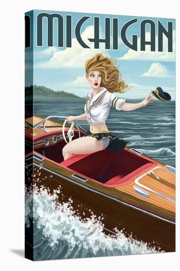 Michigan - Pinup Girl Boating-Lantern Press-Stretched Canvas