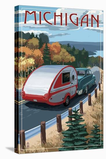 Michigan - Retro Camper on Road-Lantern Press-Stretched Canvas