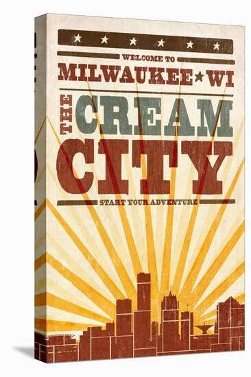 Milwaukee, Wisconsin - Skyline and Sunburst Screenprint Style-Lantern Press-Stretched Canvas