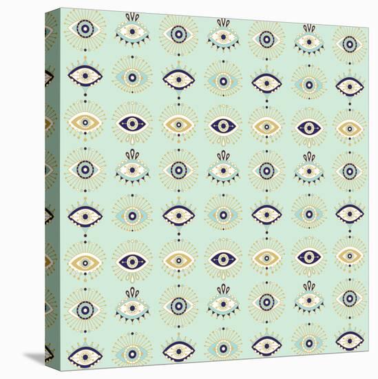 Mint Evil Eyes Pattern-Cat Coquillette-Stretched Canvas