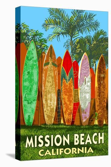 Mission Beach, California - Surfboard Fence-Lantern Press-Stretched Canvas