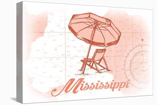 Mississippi - Beach Chair and Umbrella - Coral - Coastal Icon-Lantern Press-Stretched Canvas