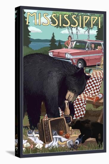 Mississippi - Bear and Picnic Scene-Lantern Press-Stretched Canvas