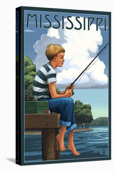 Mississippi - Boy Fishing-Lantern Press-Stretched Canvas