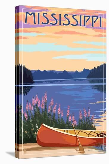 Mississippi - Canoe and Lake-Lantern Press-Stretched Canvas