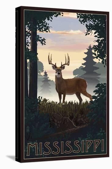 Mississippi - Deer and Sunrise-Lantern Press-Stretched Canvas