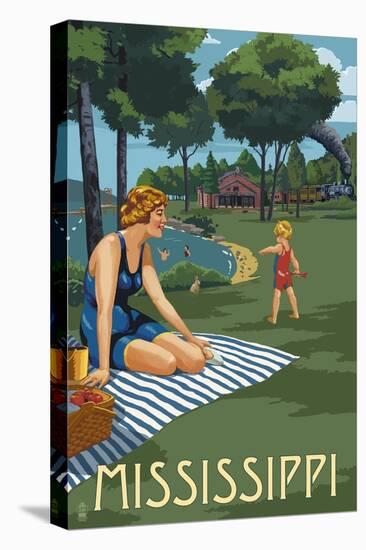 Mississippi - Lake and Picnic Scene-Lantern Press-Stretched Canvas