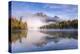 Mist obscures Pyramid Mountain, reflected in Pyramid Lake in the Canadian Rockies, Jasper National -Adam Burton-Premier Image Canvas