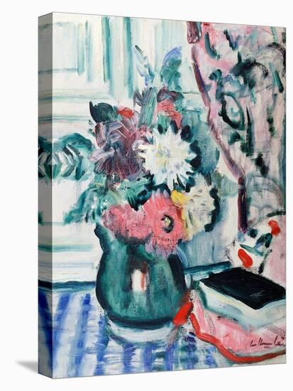 Mixed Dahlias in a Green Vase, with a Book on a Chequered Tablecloth-George Leslie Hunter-Premier Image Canvas