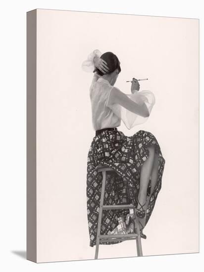 Model Dorian Leigh Wearing White Organdy Shirt with Full Print Skirt by Ceil Chapman-Gjon Mili-Premier Image Canvas