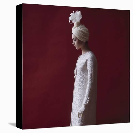 Model Dressed in a White Turban, Gloves, and Brocade Coat by Yves St Laurent, Paris, France, 1962-Paul Schutzer-Premier Image Canvas