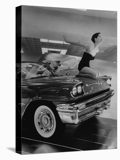 Model Jean Littleton in Swimsuit, Posing as Hood Ornament on the Front of a New de Soto Convertible-Walter Sanders-Premier Image Canvas