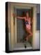 Model Standing in Doorway Modeling Ralph Lauren's Cotton and Lycra One Piece Flag Bathing Suit-Ted Thai-Premier Image Canvas