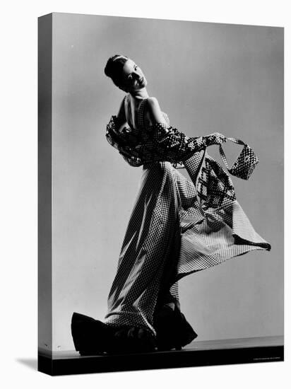 Model Wearing Checkered Evening Dress with Matching Evening Bag, Gloves and Stole-Gjon Mili-Premier Image Canvas
