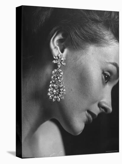 Model Wearing Long 3 1/4 Inch Faux Diamond Earrings-Nina Leen-Premier Image Canvas