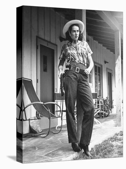 Model Wearing Rough Denim Frontier Pants and Cotton Shirt, Designed by Marge Riley-Peter Stackpole-Premier Image Canvas